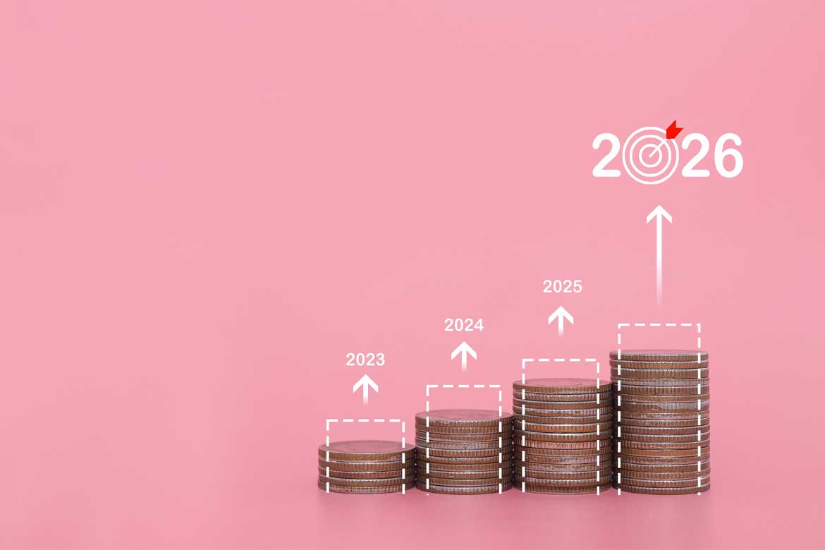 Stack of coins with arrow rising. The concept of business growth, Financial investment, Market stock, Profit return, Dividend and Business fund in year 2026