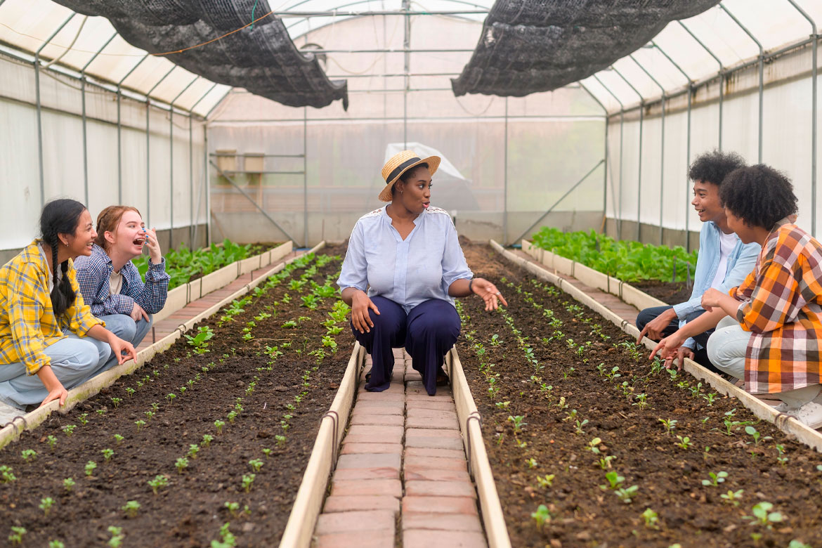 Group of mixed race students and teacher learning agriculture technology in smart farming , education ecology agricultural concepts .