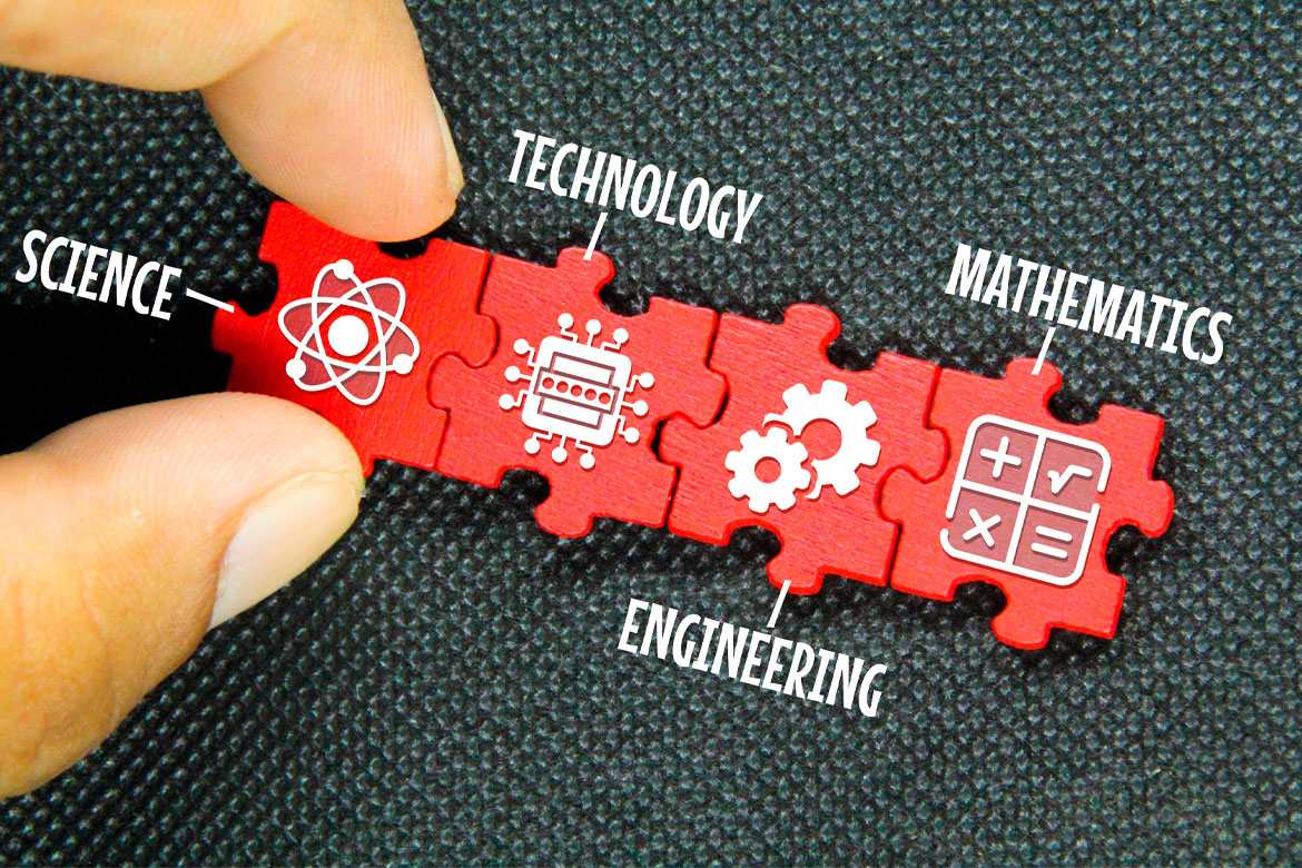 red puzzle connection with STEM icon. science, technology, engineering, mathematics education word with icons